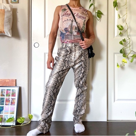 Y2K-Style Snake-Print Leather Pants - Picture 1 of 6